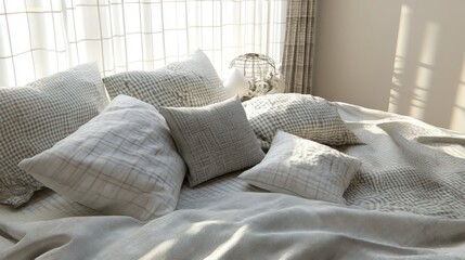 Beige and gray gingham pillows and bedding set.