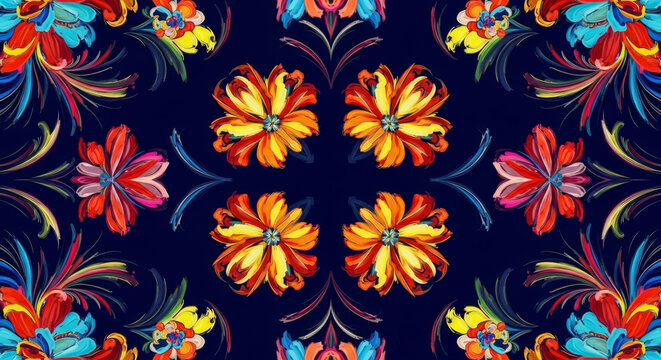 Vibrant kaleidoscopic floral pattern with rich red orange yellow and blue hues on a deep navy background.