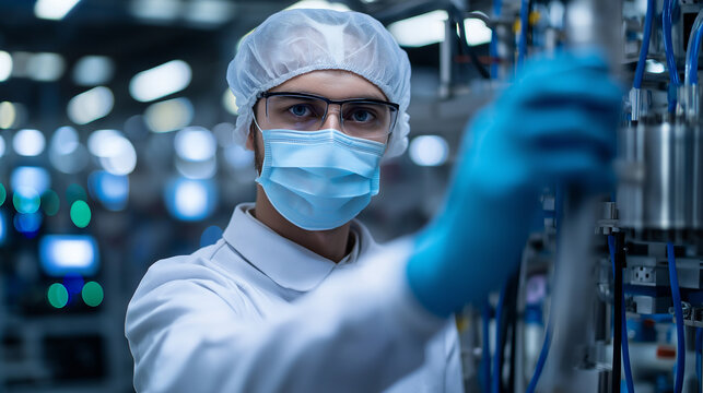 Technician in sterile lab clothing and protective gear operating equipment in high-tech manufacturing environment.
