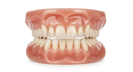 Obraz premium Full set of realistic dentures showing upper and lower teeth with pink gums against a white background.