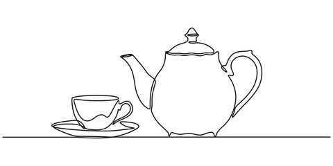 Teapot and tea cup vector one line continuous drawing illustration. Pouring drink. Hand drawn linear silhouette icon, Teapot with a cup outline drawing illustration. Minimal outline design element.
