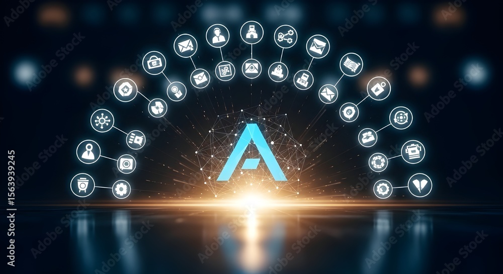 Aufkleber abstract letter a with connected business icons | network of digital services and applications for t