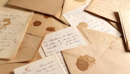 Collection of vintage letters and envelopes with stains, scattered on a wooden surface