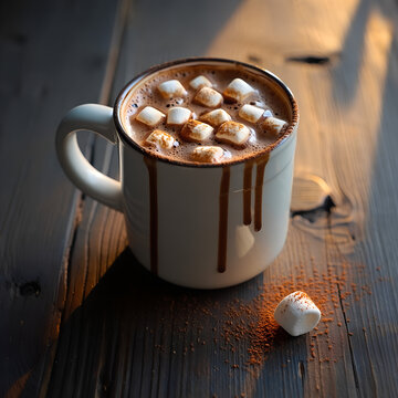 Steaming hot chocolate mug with marshmallows on wooden table, Hot Chocolate with Marshmallows in Tin Mug on Rustic Wooden Table with Morning Ligh