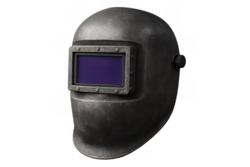 Industrial welding helmet with a dark visor, designed for safety and protection, isolated on a transparent background for versatile use