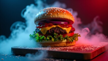 Delicious Burger On A Board With Smoke