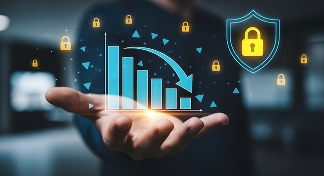 Business loss risk analysis with falling bar graph and digital cybersecurity protection shield icon - Powered by Adobe