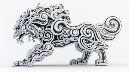 An intricately designed lion figure, showcasing flowing lines and artistic patterns, representing strength and grace.