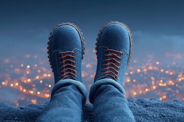 Person relaxing on a cliff with boots hanging over a dazzling cityscape at night, evoking a sense of freedom.
