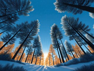 Serene winter scene of tall pine trees illuminated by sunlight filtering through branches.