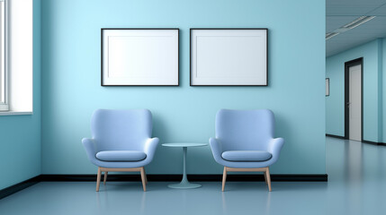 Minimalist waiting area with two blue chairs, small table and blank picture frames on light blue wall.
