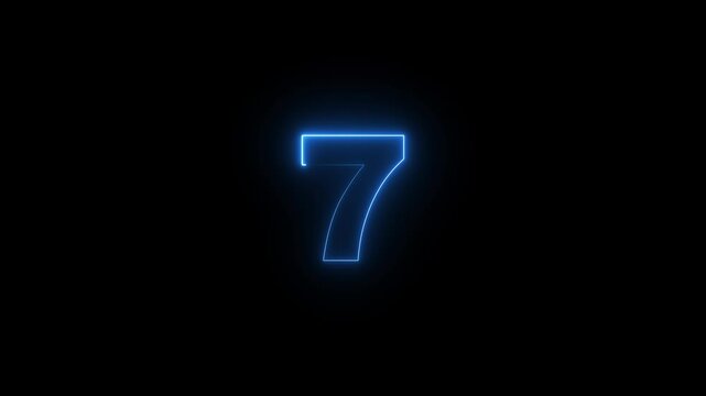 7 number neon text animation on black background. Glowing neon number 7. 