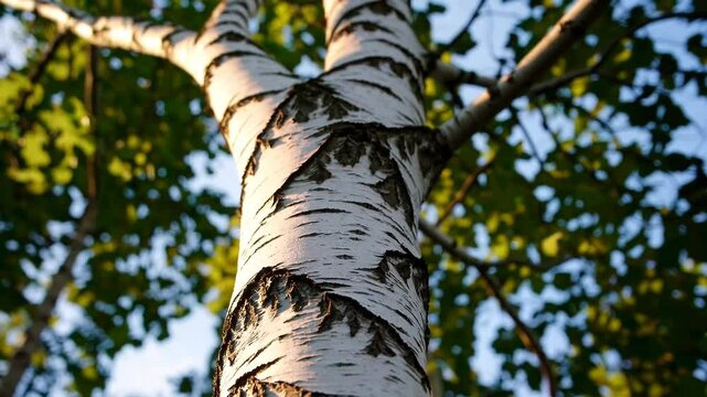 Sunlight streaming through birch leaves highlights texture of bark in a serene forest setting