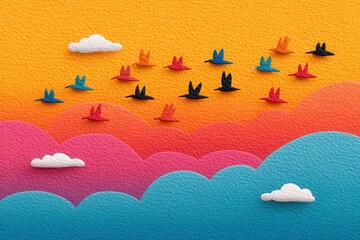 A vibrant paper cut art depicting birds flying in a colorful sky filled with clouds, showcasing creativity and imagination.