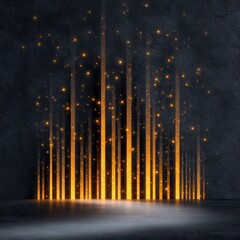 An enchanting display of golden particles cascading down from the dark background, creating a magical atmosphere.