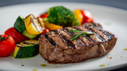 Grilled beef steak served with colorful roasted vegetables and rosemary on white plate.
