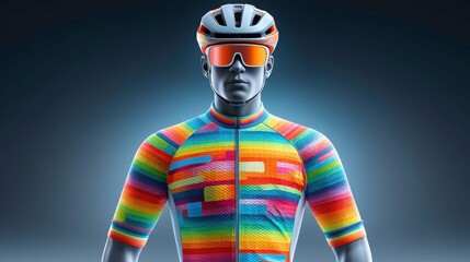 A vibrant cyclist wearing a colorful jersey and helmet poses confidently against a dark background.