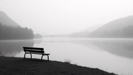 Bench Overlooking Misty Lake, Black And White