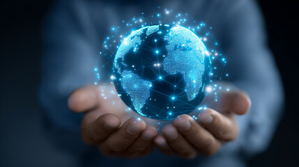 Glowing digital globe with connected network nodes held in human hands, symbolizing global communication.
