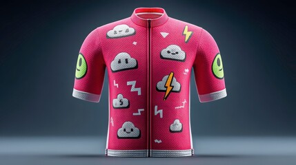Colorful cycling jersey featuring playful patterns of clouds and lightning bolts, ideal for sports enthusiasts.