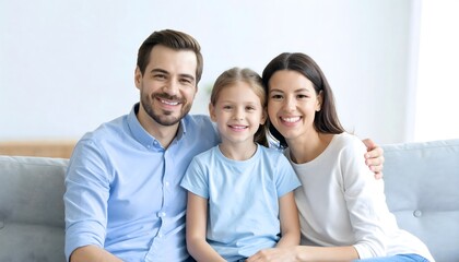 Obraz premium Happy Family Smiling Together on Gray Couch in Bright Living Room