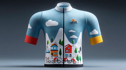 A vibrant cycling jersey featuring a picturesque landscape with mountains, houses, and bicycles.