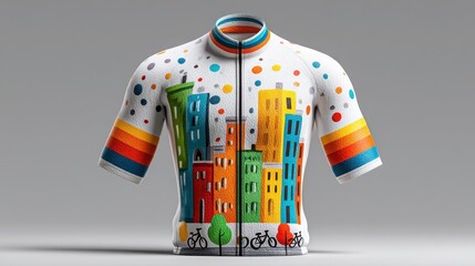 A vibrant cycling jersey featuring a colorful cityscape, perfect for stylish rides and urban adventures.
