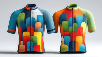 Vibrant and artistic cycling jerseys showcasing unique geometric designs and bright colors for activewear enthusiasts.
