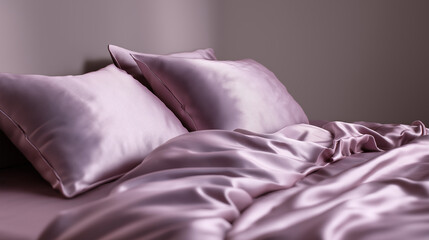 Folded lavender silk bedding set with pillow and comforter on soft pastel background.
