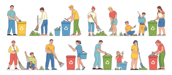 Fototapeta premium Diverse people cleaning up and recycling in a park with brooms and trash cans