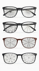 Four pairs of eyeglasses with intricate geometric patterns on the lenses