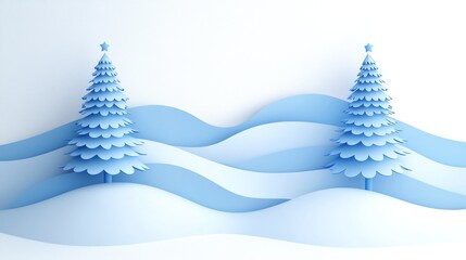 Two stylized light blue christmas trees on a winter landscape.