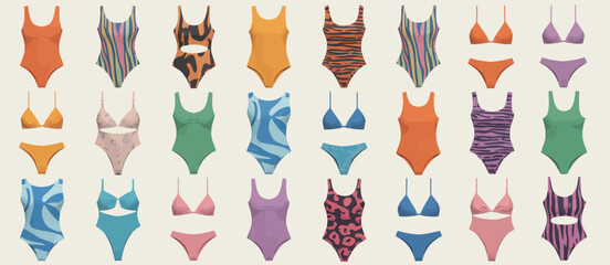 Fototapeta premium Collection of stylish one piece swimsuits and bikinis with various patterns and colors