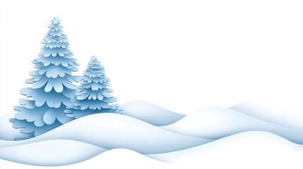 Winter landscape with stylized trees and snow-covered hills.