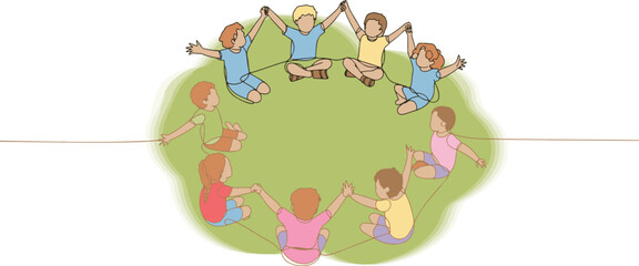 Obraz premium Children Holding Hands in a Circle on a Green Field, A Continuous Line Illustration of Friendship and Community