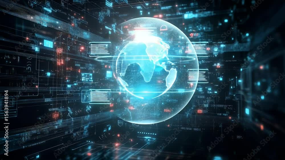 Poster digital globe surrounded by data streams in blue and orange lights
