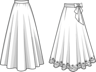 Skirt design sketch, fashion illustration, long flowing silhouettes, floral lace hem, bow detail waistband, garment layout, front and back view, apparel concept drawing
