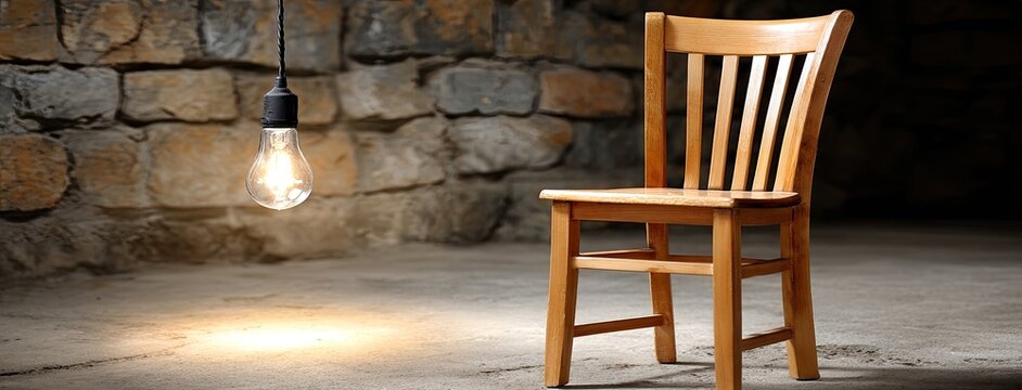 Old wooden chair sits in the center of a dimly lit room, softly illuminated by a hanging light bulb, creating a contemplative mood