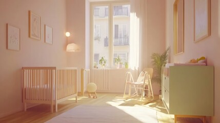 A sunlit nursery, featuring a light-toned crib and rocking chair.