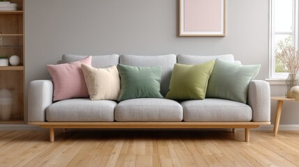 Cozy living area showcases a pink sofa with soft cushions, a vase with flowers, and a wooden table against beige walls