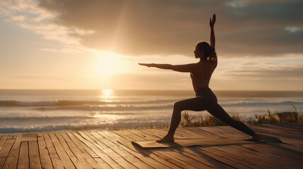 A woman practicing yoga on the beach during sunrise or sunset, calm and peaceful atmosphere, wellness, meditation, mindfulness, scenic ocean view, healthy lifestyle.