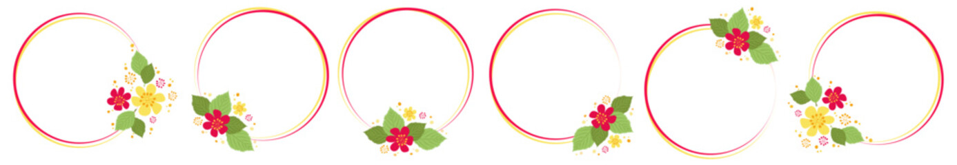 Set of round frames with bright lines in single style, decorated with floral compositions. Selection of vector isolated templates copyspace. Stylish design for photo album, family site and design