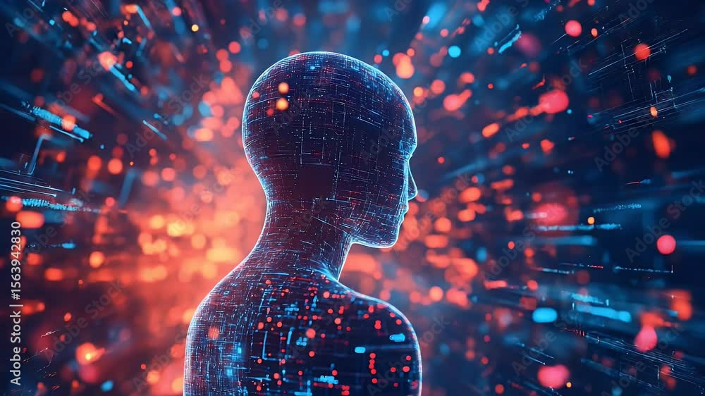 Aufkleber digital human silhouette with data streams in abstract futuristic style blue and red colors blurred 