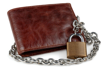 Brown leather wallet secured by brass padlock and metal chain image