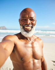 African American black old man smiling at beach during summer