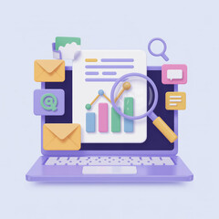 3D email icons and business analytics document with magnifier on soft-focused laptop backdrop.