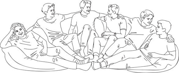 Fototapeta premium Six Young Men Bonding Together on a Beanbag Couch, Displaying Friendship and Relaxation in a Casual Setting