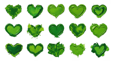 Artistic Green Heart Shapes Created with Paint for Creative Projects, Symbolizing Love and Emotion, isolated on a transparent background