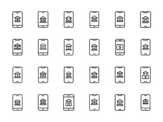 Set of Mobile Banking Icon Silhouettes – Vector Line Illustrations of Smartphone with Bank Symbols Representing Digital Finance, Online Banking, Secure Transactions, and Fintech Applications on White 
