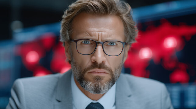 Focused IT specialist surrounded by glowing red alerts and blue holographic threat maps